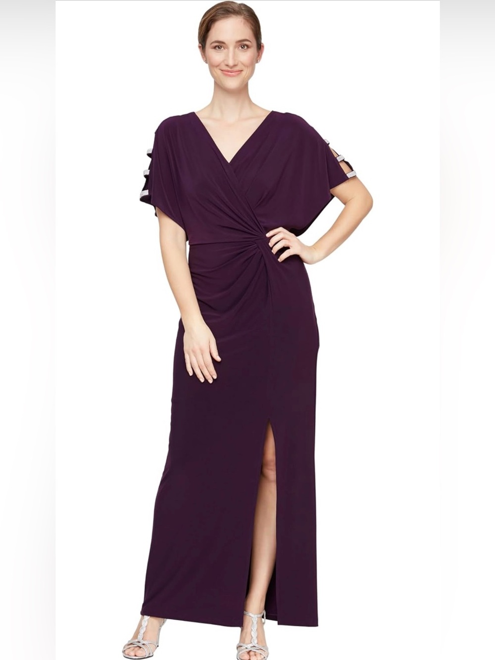 Alex Evenings Plum V-Neck Maxi Gown with Side Slit